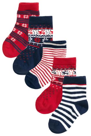 Red Fairisle Pattern Socks Five Pack (Younger Boys)